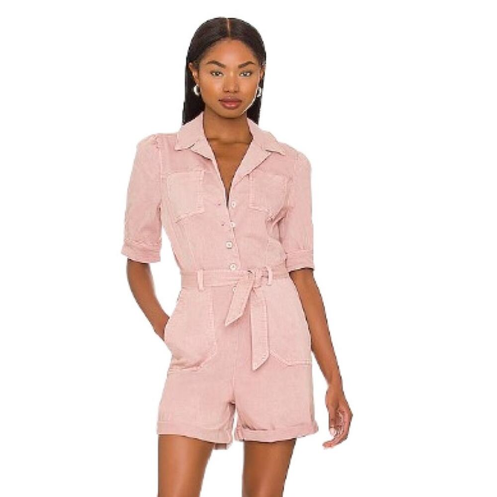PAIGE Pink Mayslie Denim Romper Size 2 Cuffed Belted Puff Sleeve